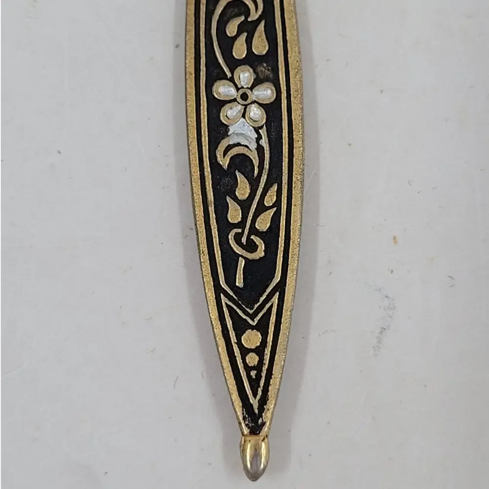 Vintage Etched Brass‎ Black Enamel Blue Bead Floral Boho Vanity Hand Mirror